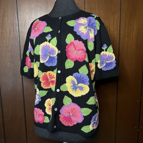 Vtg 90s David Brooks Floral Knit Button Up Cardigan Sweater XL - Picture 1 of 6